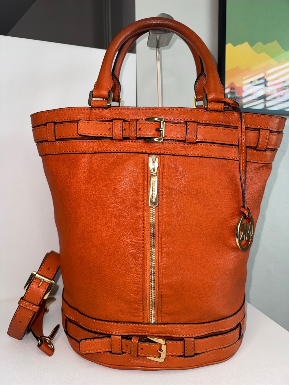 Michael Kors Kingsbury Orange Bucket Bag All Leather Tote - Picture 1 of 14